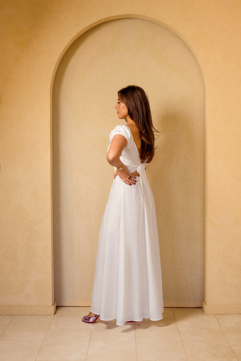 The Positano Puff Sleeve Dress in Pure White