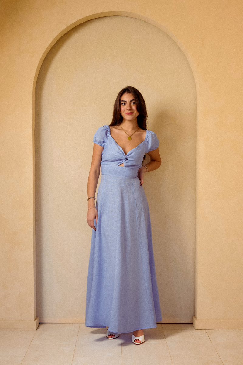 The Positano Puff Sleeve Dress in Riviera Blue