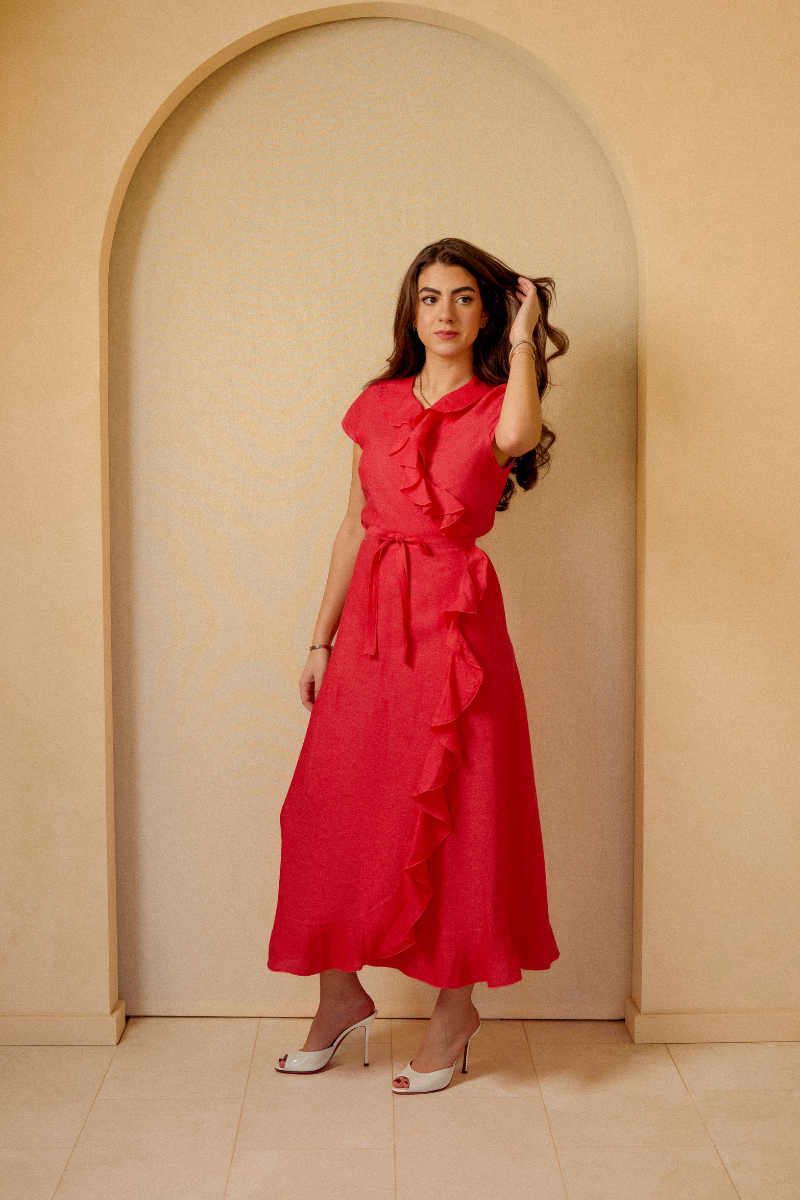 The Riviera Ruffle Dress in Cherry Red