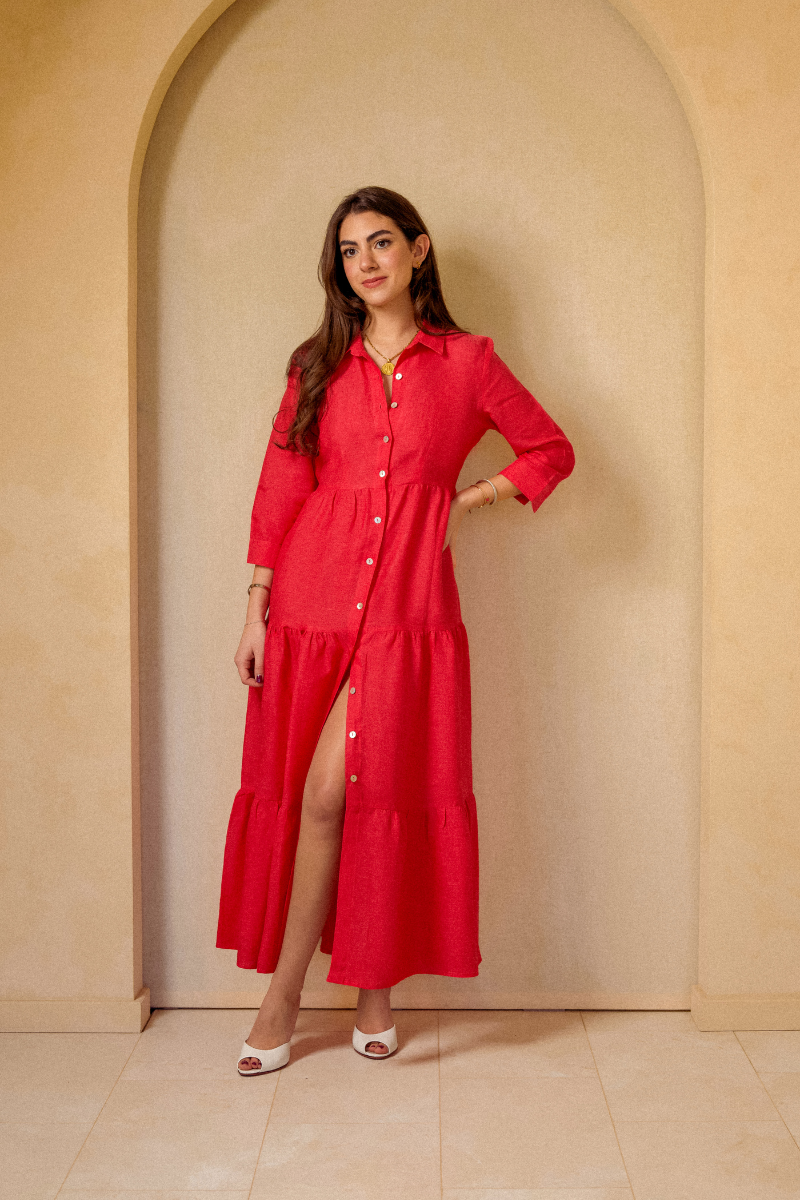 The Siena Tiered Shirt Dress in Cherry Red