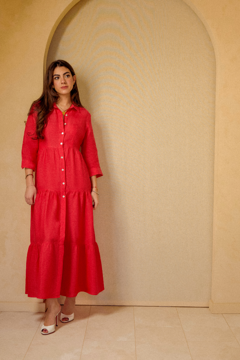 The Siena Tiered Shirt Dress in Cherry Red